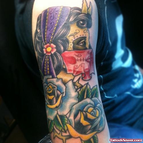 Blue Rose Flowers and Gypsy Head Tattoo