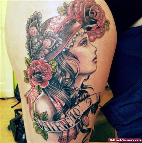 Beautiful Red Flowers And Gypsy Head Tattoo