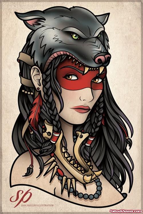 Wolf Head And Gypsy Tattoo Design