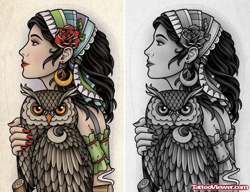 Gypsy Girl With Owl Tattoo Design