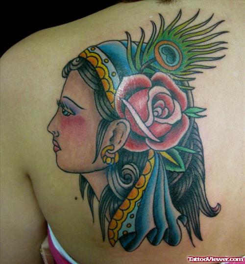 Gypsy Head With Peacock Feather and Rose Flower Tattoo
