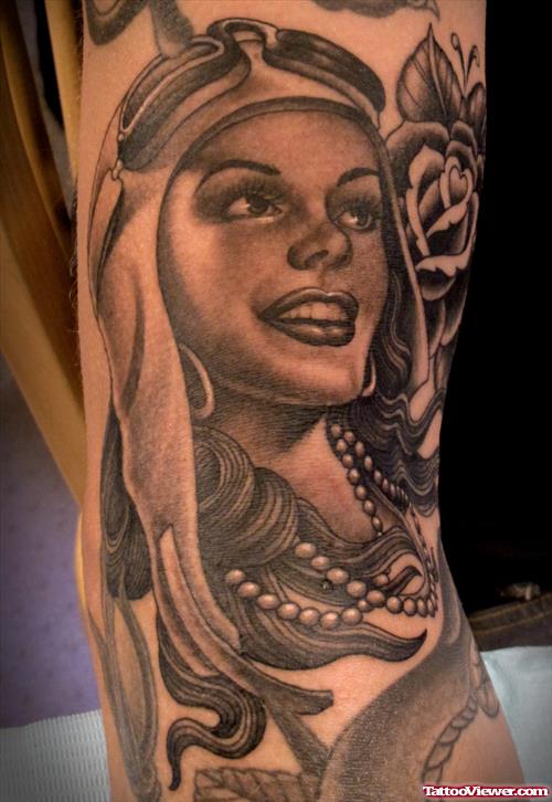 Grey Ink Gypsy Tattoo On Sleeve