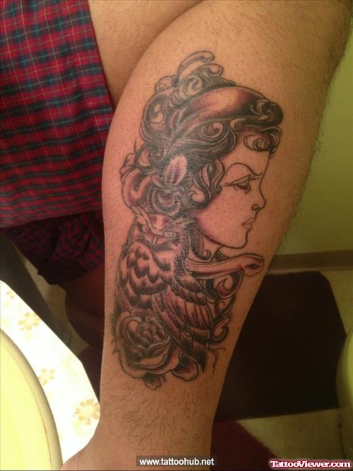 Grey Ink Gypsy Tattoo On Leg