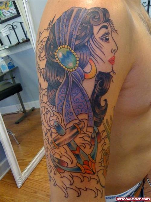 Colorful Gypsy Tattoo On Man Right Sleeve