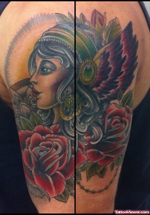Color Flowers And Winged Gypsy Tattoo On Half Sleeve