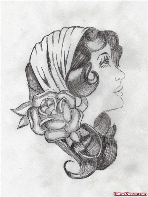Beautiful Grey Ink Flower and Gypsy Head Tattoo Design