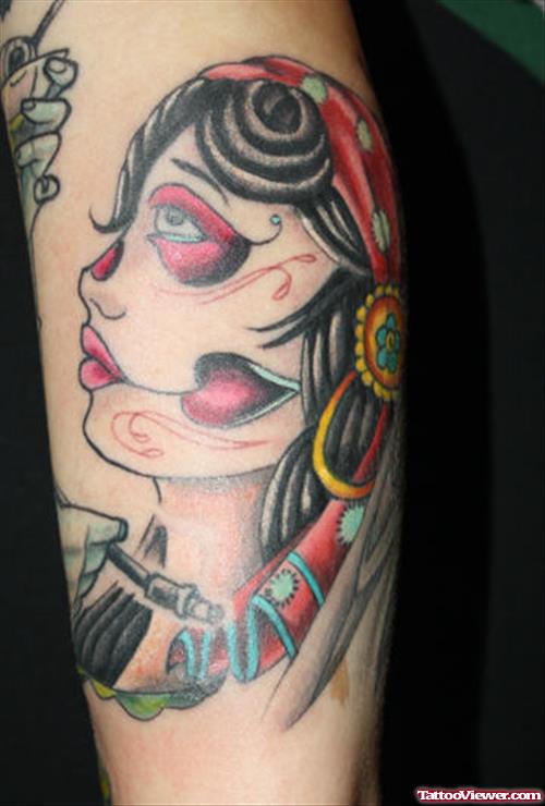 Beautiful Colored Gypsy Head Tattoo