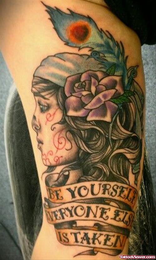 Banner and Gypsy Tattoo On Arm