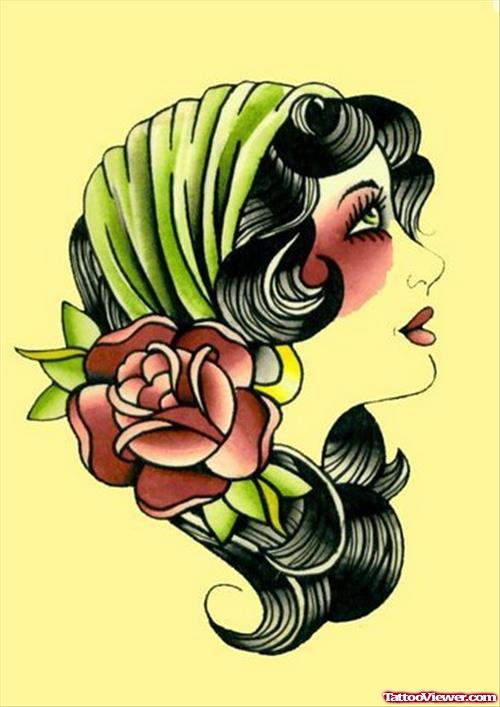 Awesome Red Rose And Gypsy Head Tattoo Design
