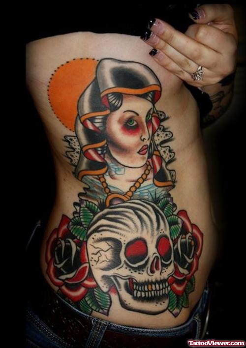 Red Rose, Skull and Gypsy Tattoo On Side Rib