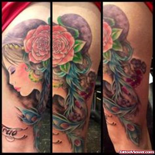 Pink Rose And Gypsy Tattoo On Sleeve