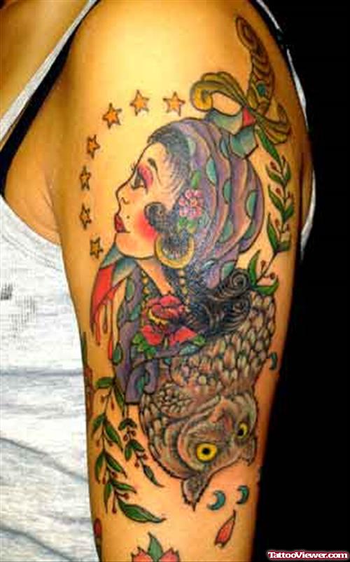 Owl And Gypsy Tattoo On Left Half Sleeve