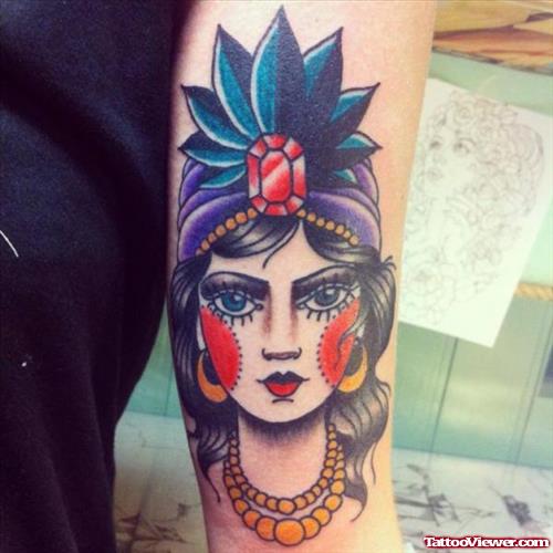 Old School Color Ink Gypsy Tattoo On Arm