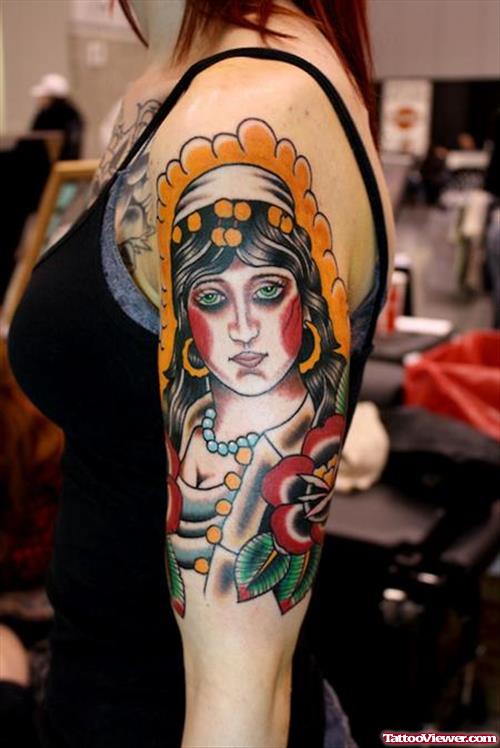 Gypsy Girl Tattoo On Left Sleeve