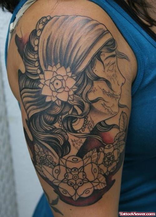 Grey Ink Gypsy Girl Tattoo On Right Half Sleeve