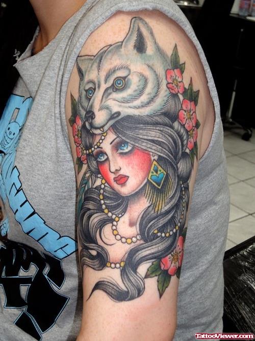 Fox Head And Gypsy Tattoo On Left Half Sleeve