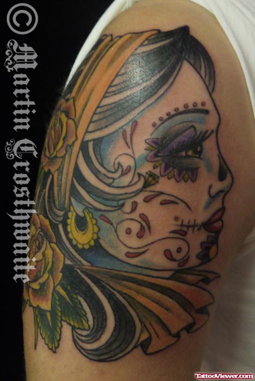 Color Gypsy Head Tattoo On Right Half Sleeve