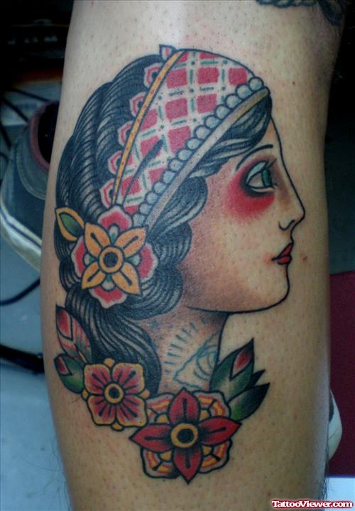 Flowers And Gypsy Head Tattoo