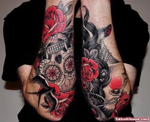 Dark Ink Skull and Gypsy Tattoos On Both Sleeves