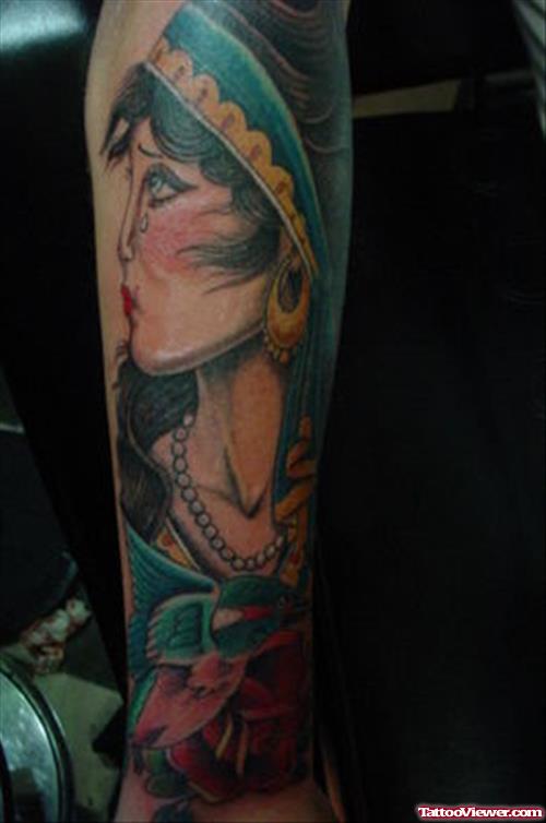 Colored Gypsy Tattoo On Sleeve