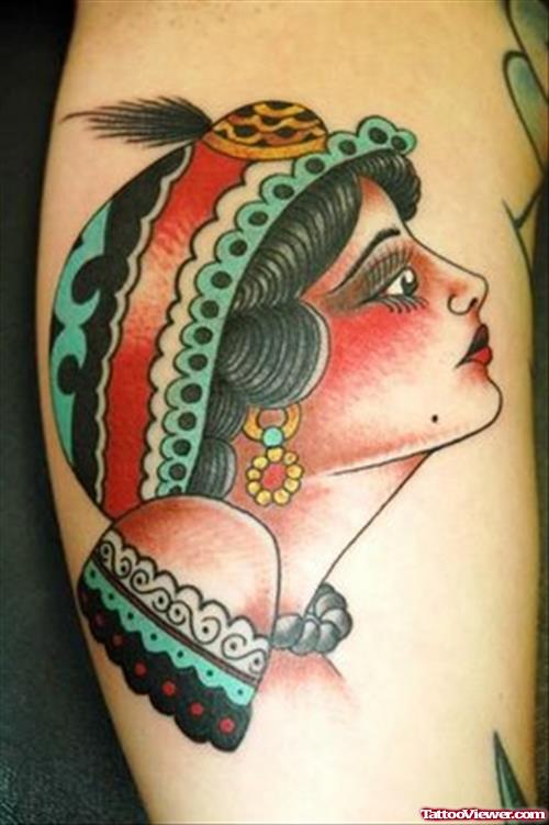 Beautiful Color Gypsy Head Tattoo