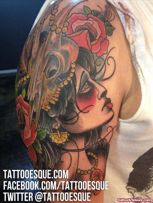 Awesome Gypsy Tattoo On Half Sleeve