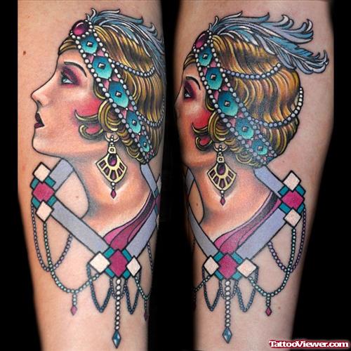 Awesome Color Ink Gypsy Tattoo On Arm