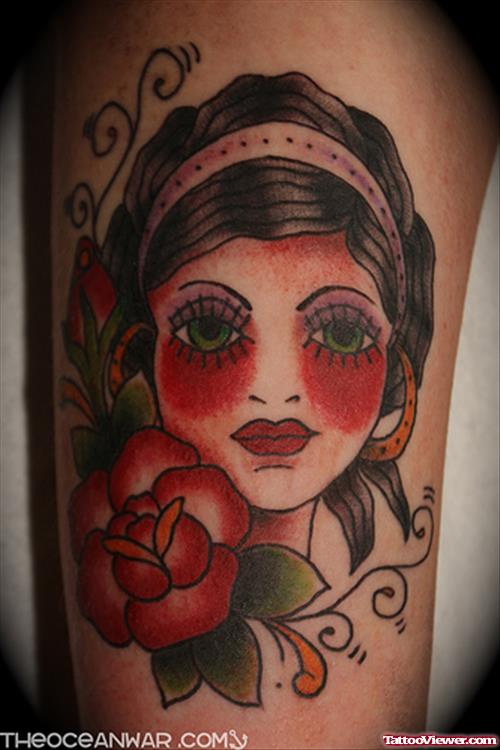 Attractive Red Flower And Gypsy Tattoo On Half Sleeve