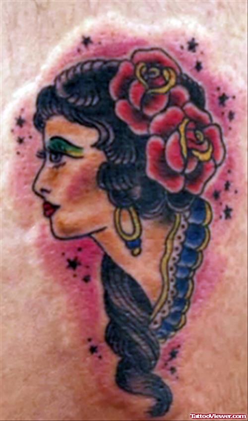 Two Rose Flowers And Gypsy Head Tattoo