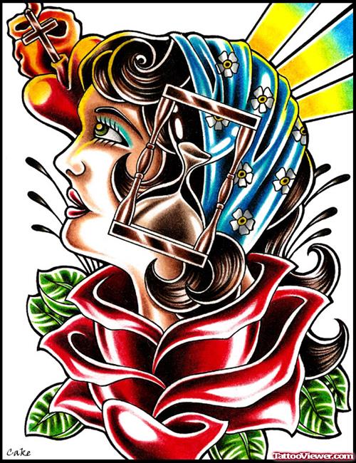 Gypsy Head In Rose Flower Tattoo Design