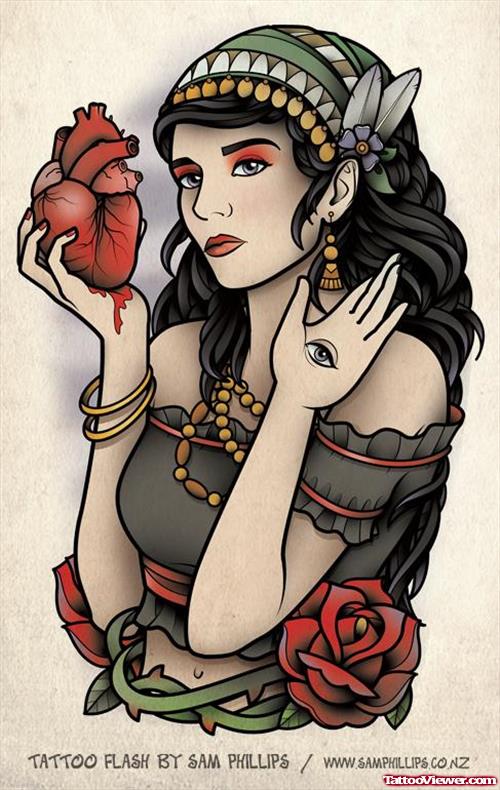 Gypsy Girl With Human Heart In Hand Tattoo Design