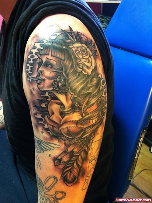 Grey Ink Smoking Gypsy Tattoo On Left Half Sleeve