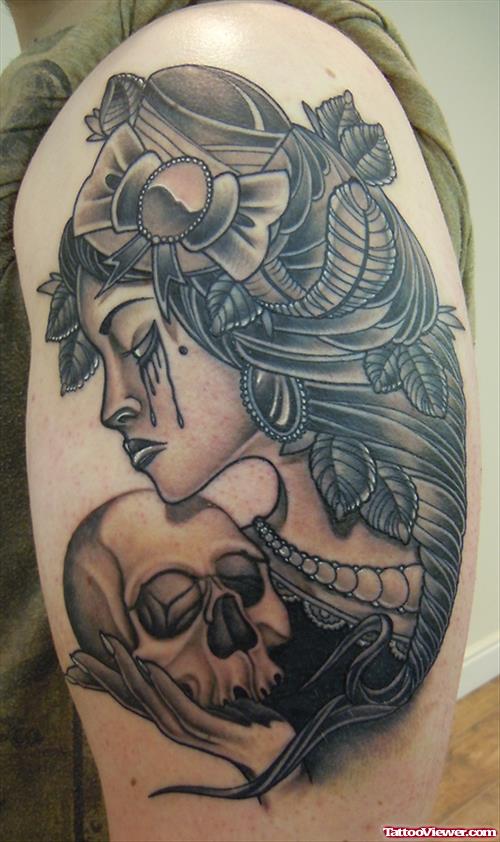 Grey Ink Gypsy With Skull Tattoo On Left Half Sleeve
