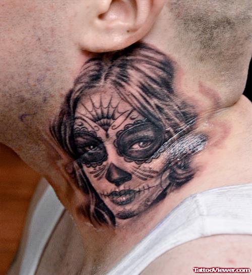 Grey Ink Gypsy Head Tattoo On Neck