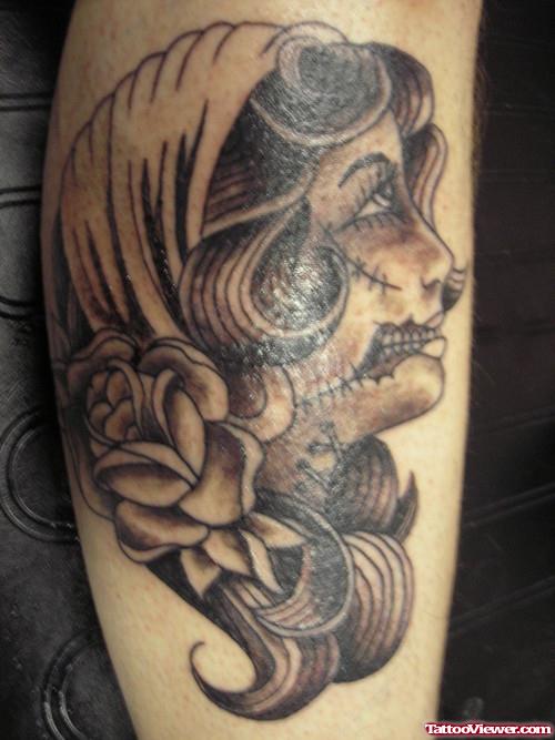Grey Ink Flower And Gypsy Tattoo On Arm