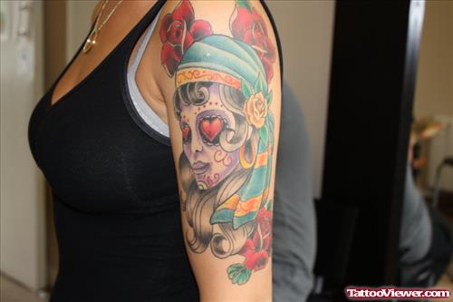 Dead Gypsy Tattoo On Left Half Sleeve