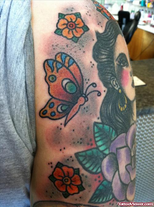 Butterflies And Gypsy Tattoo On Shoulder