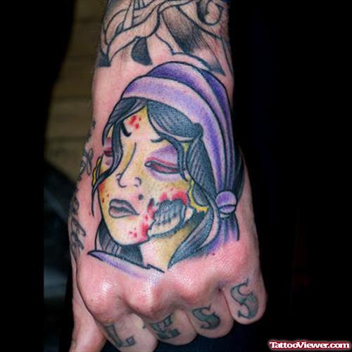 Color Ink Zombie Gypsy Tattoo On Left Hand