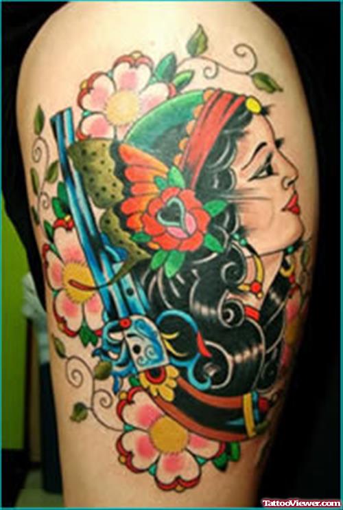Color Flowers And Gypsy Head Tattoo On Shoulder