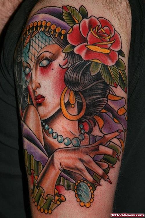 Attractive Red Rose Flower And Gypsy Tattoo