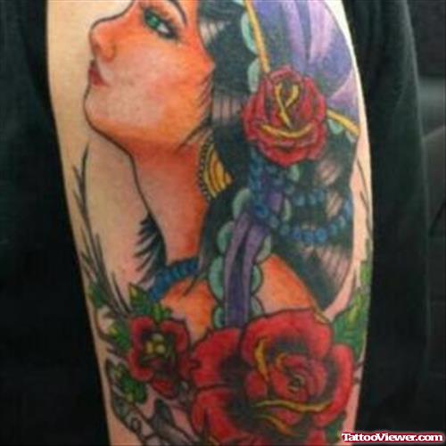 Red Flowers And Gypsy Tattoo On Half Sleeve