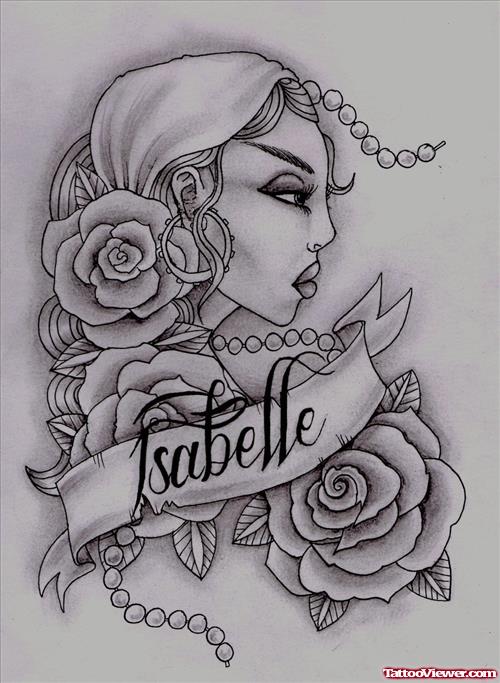 Isavelle Banner And Gypsy Head Tattoo Design