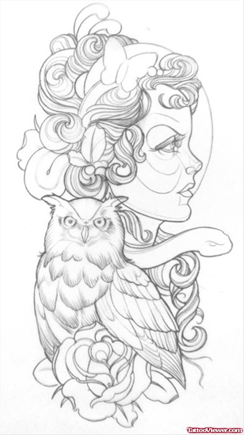 Grey Ink Owl And Gypsy Tattoo Design