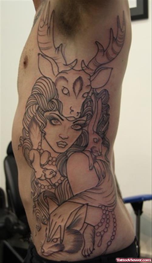 Grey Ink Gypsy Tattoo On Man Side Rib