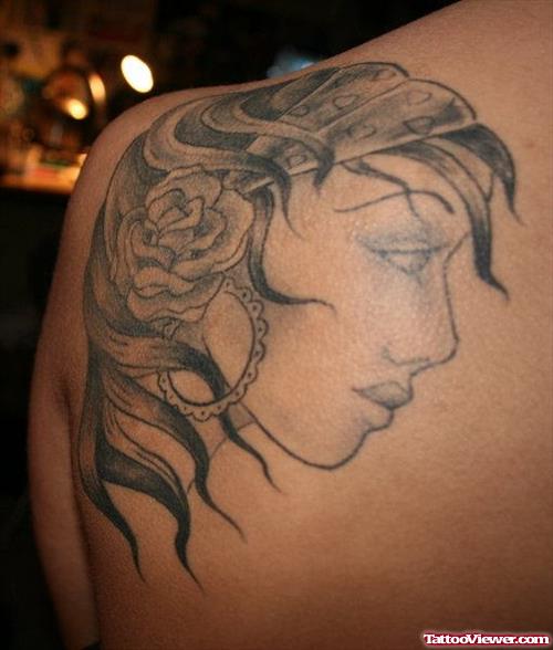 Grey Ink Gypsy Tattoo On Left Back Shoulder
