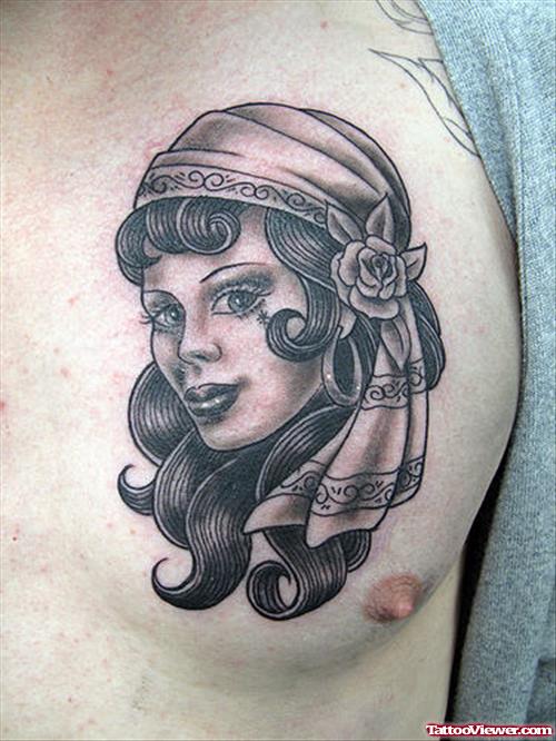 Grey Ink Gypsy Girl Head Tattoo On Man Chest