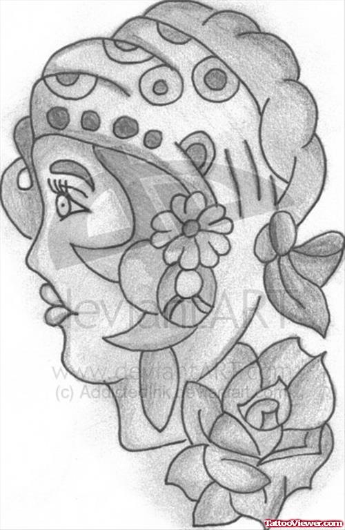 Grey Ink Flowers And Gypsy Head Tattoo Design