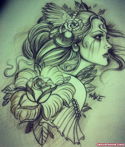 Grey Ink Flower And Gypsy Head Tattoo Design