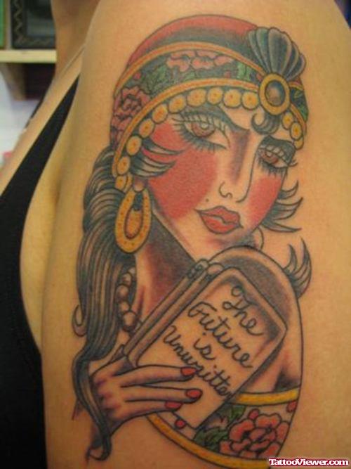 Color Ink Gypsy With Book Tattoo