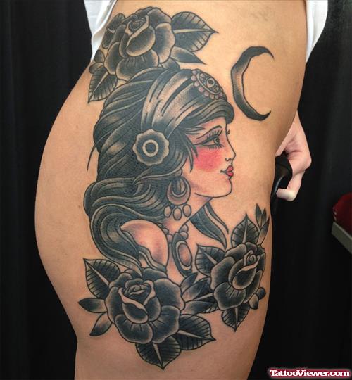 Black Rose Flowers And Gypsy Tattoo On Side